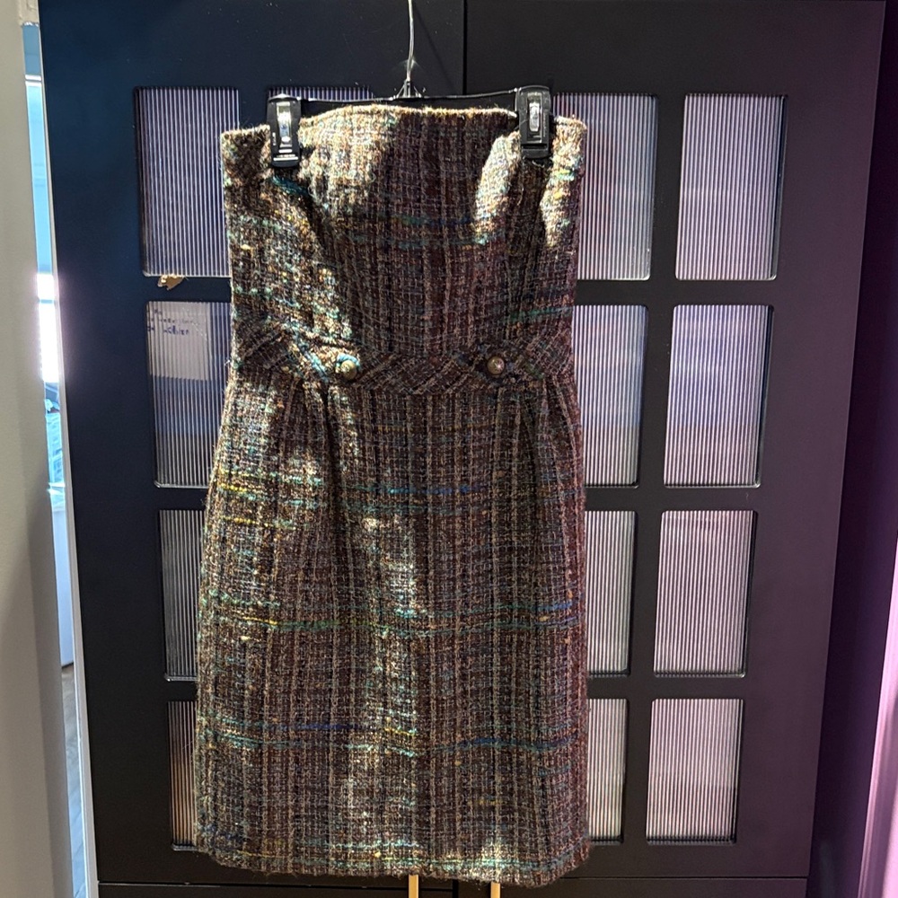 Trina Turk Designer Classic Tweed Strapless Dress - Brown Multi